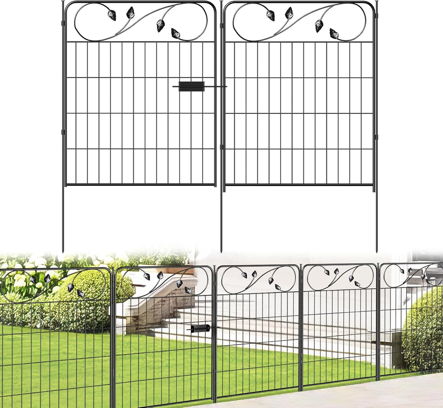 Valla decorativa metal jardín 30pulg x16ft 1 puerta 7