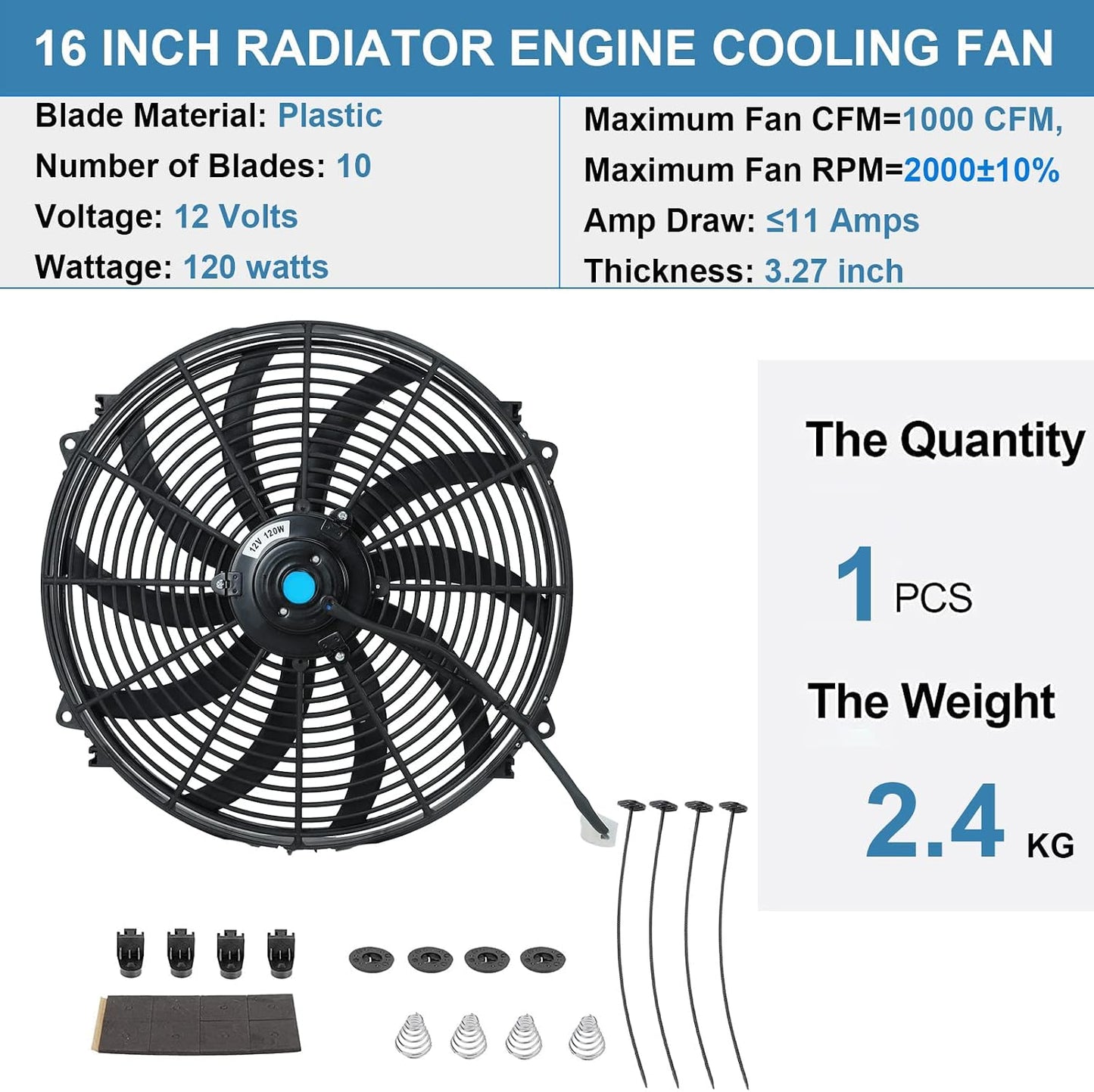 Ventilador eléctrico 16" 12V 120W con kit montaje