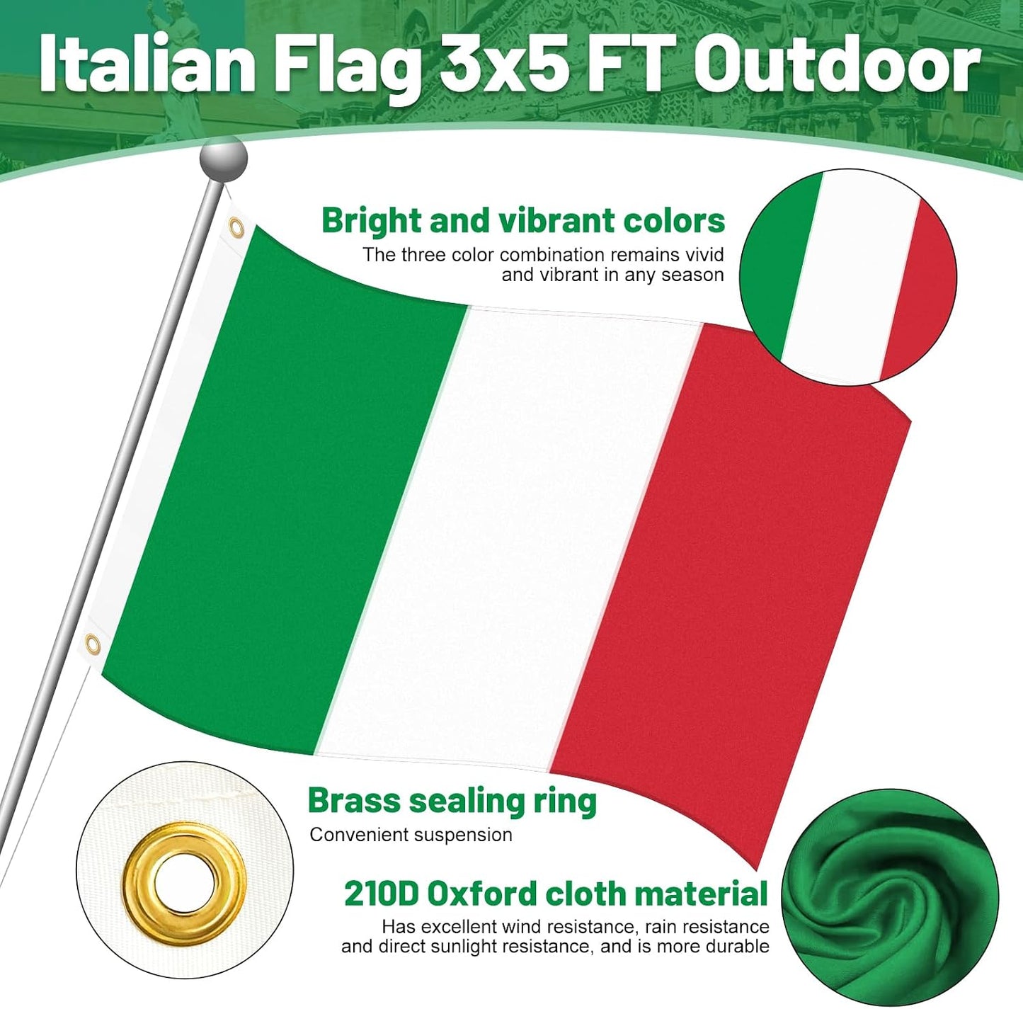 Bandera Italia 3x5ft tela Oxford rayas verdes rojas