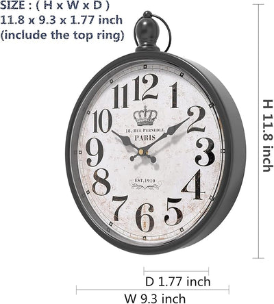 Reloj pared redondo estilo vintage negro 11.8x9.3pulg