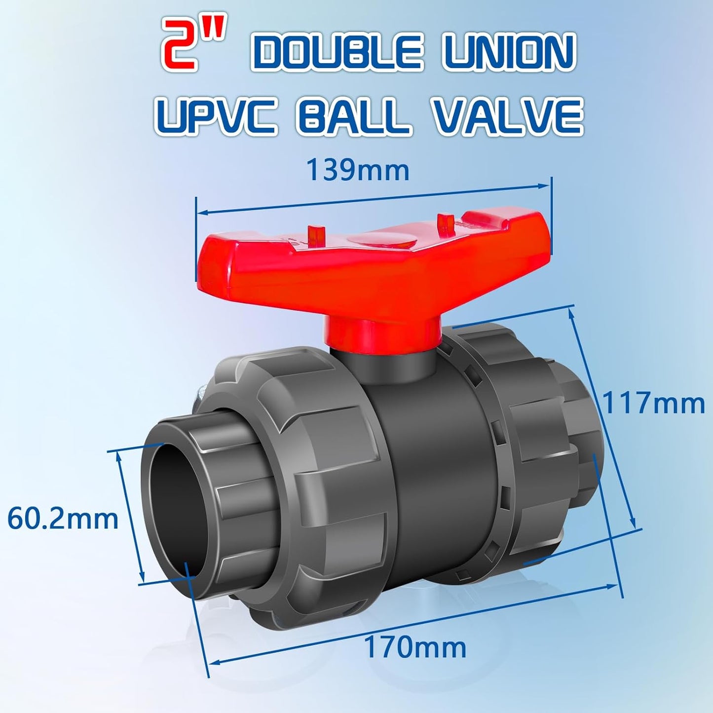 Válvula bola UPVC 2pulg doble flujo completo con juntas EPDM