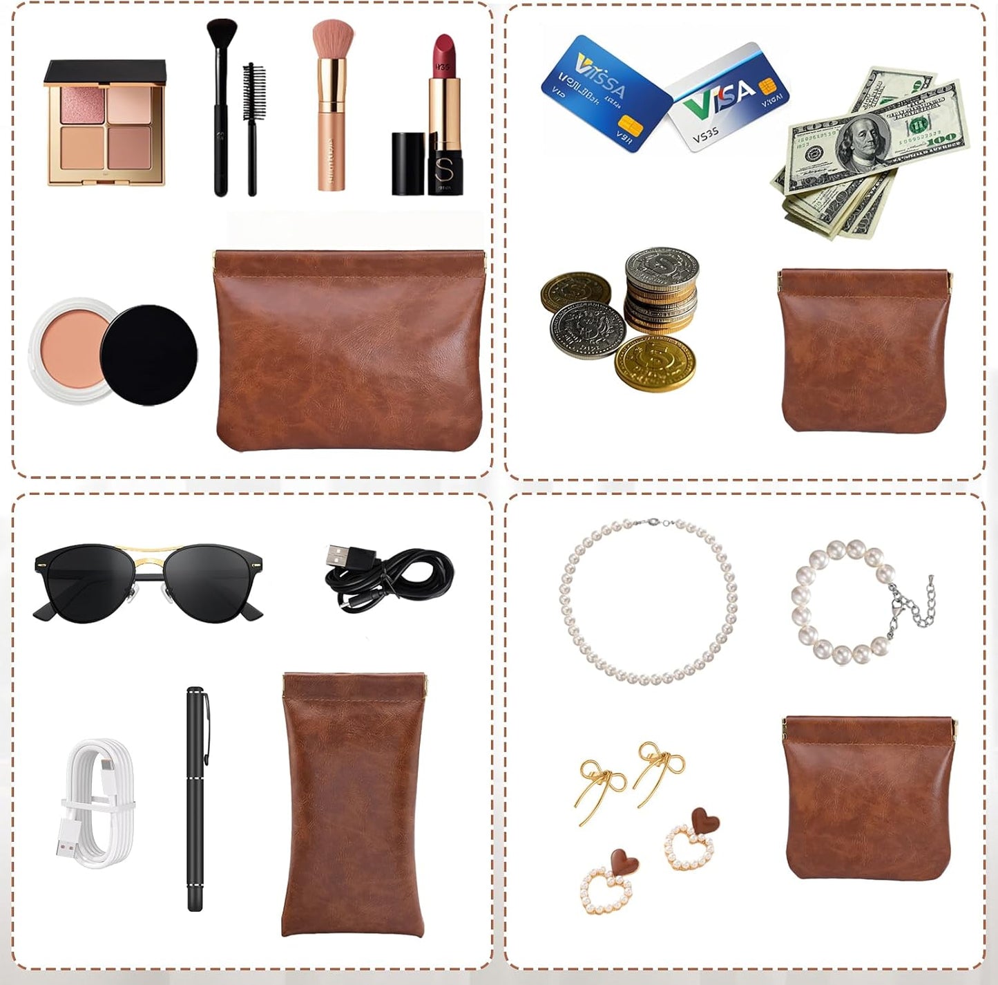 3 bolsas maquillaje piel sintética viaje organizador marrón