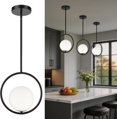 Lámpara colgante isla cocina vidrio negro mate globo blanco lechoso