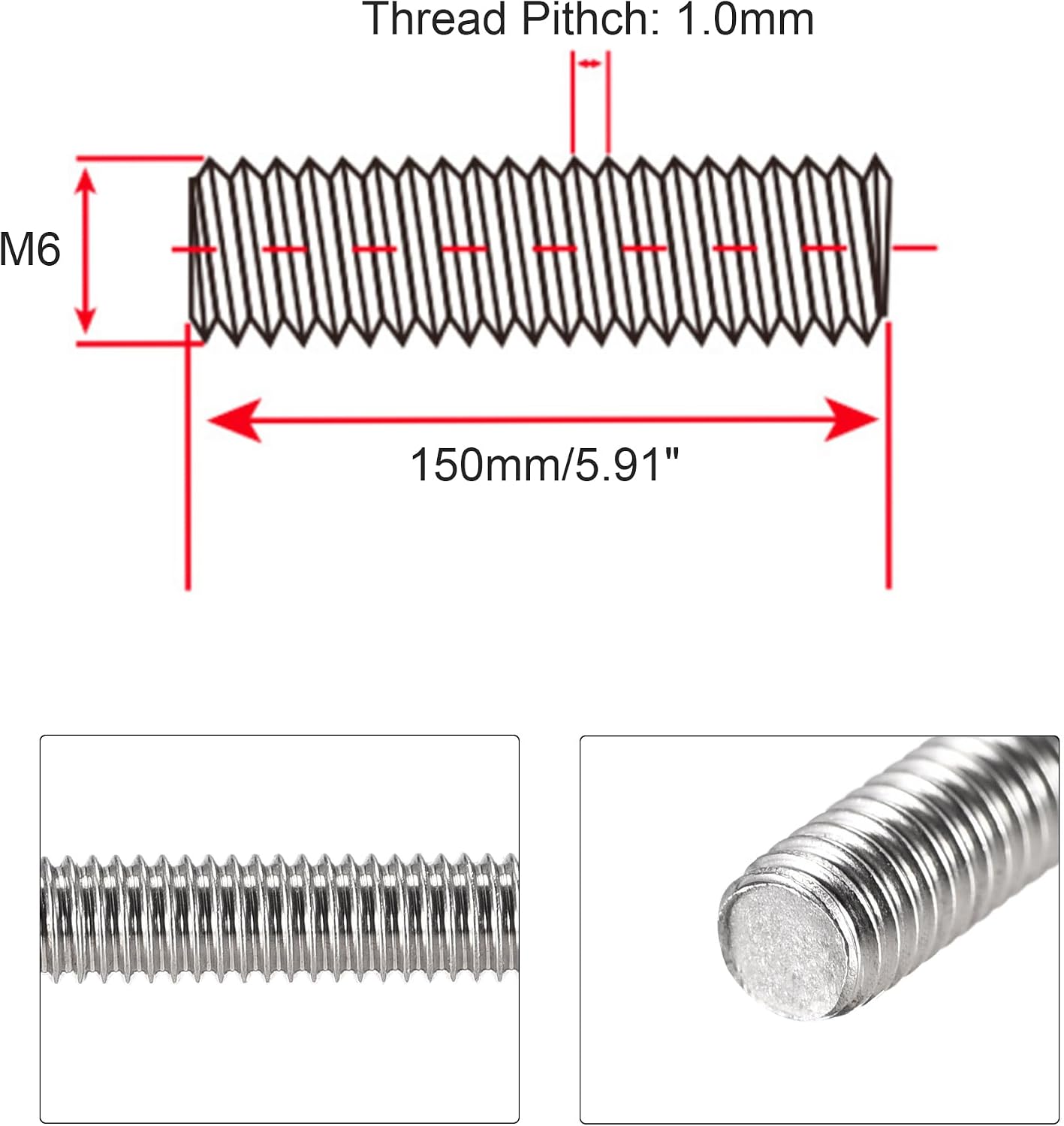 Varilla M6 x 5.9pulg acero inox 304 paso M6-1 para anclaje