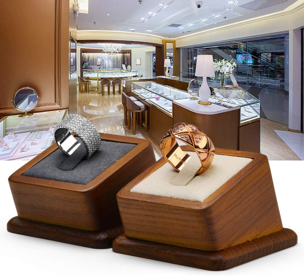 Soporte joyas madera anillo cuadrado pendientes gris