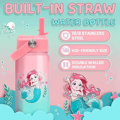 Botella agua niña tapa popote acero inox 12oz