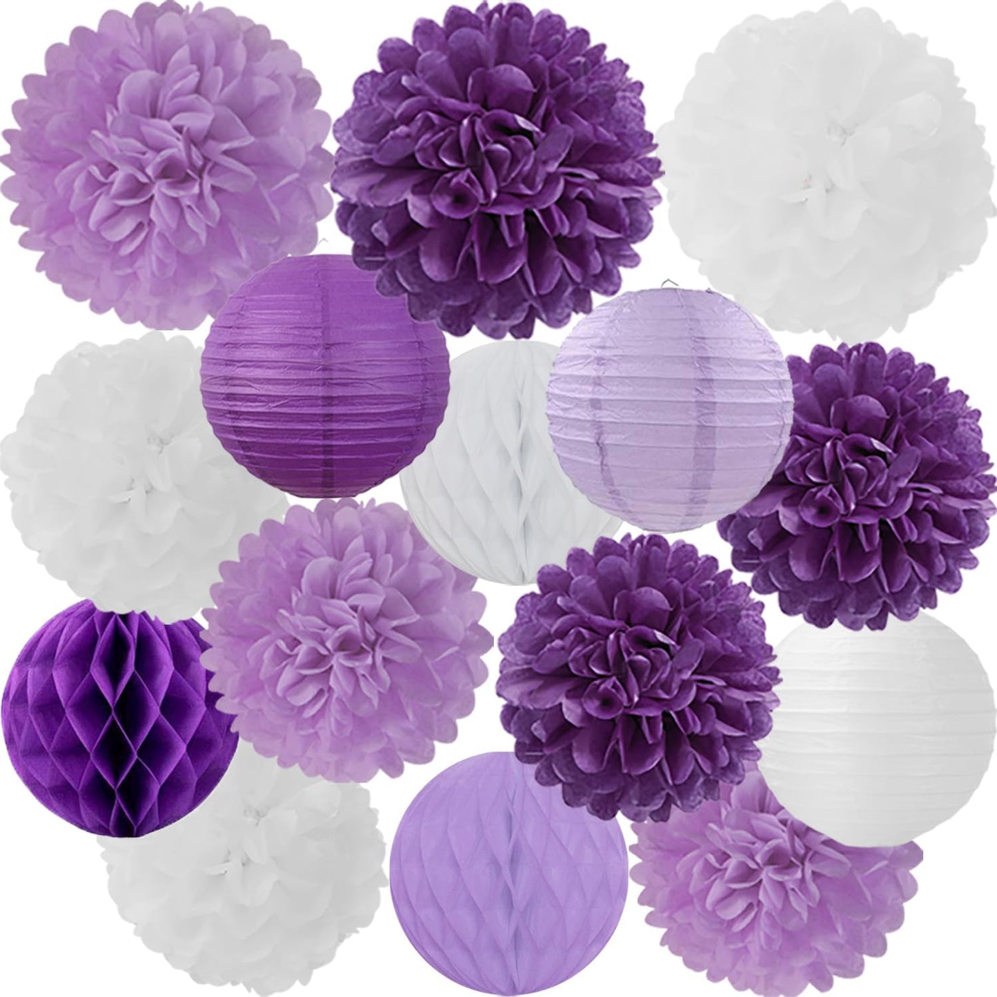 Faroles papel colgantes morado y blanco pompones 15uds fiesta