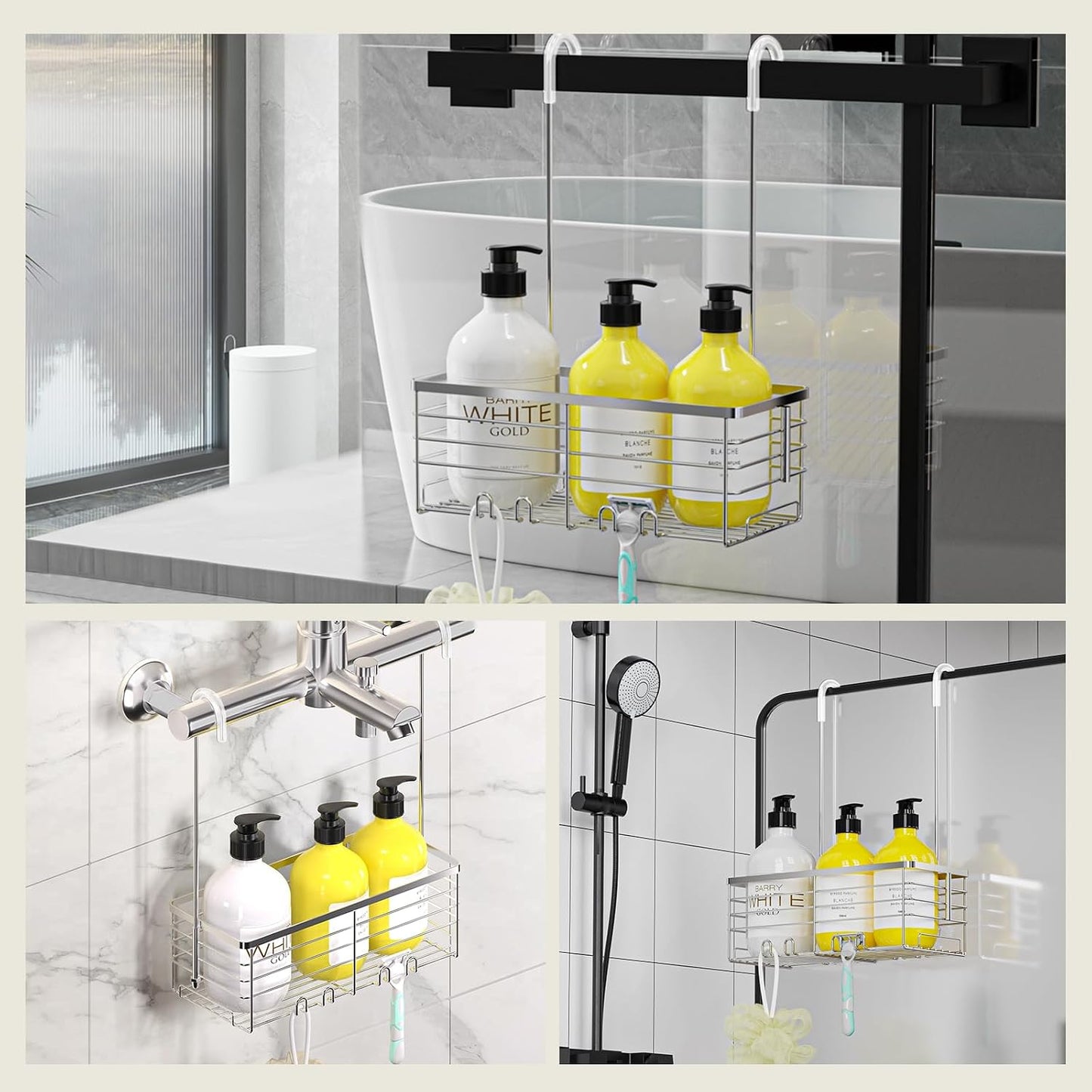 Organiz. ducha colgante con ganchos y cesta