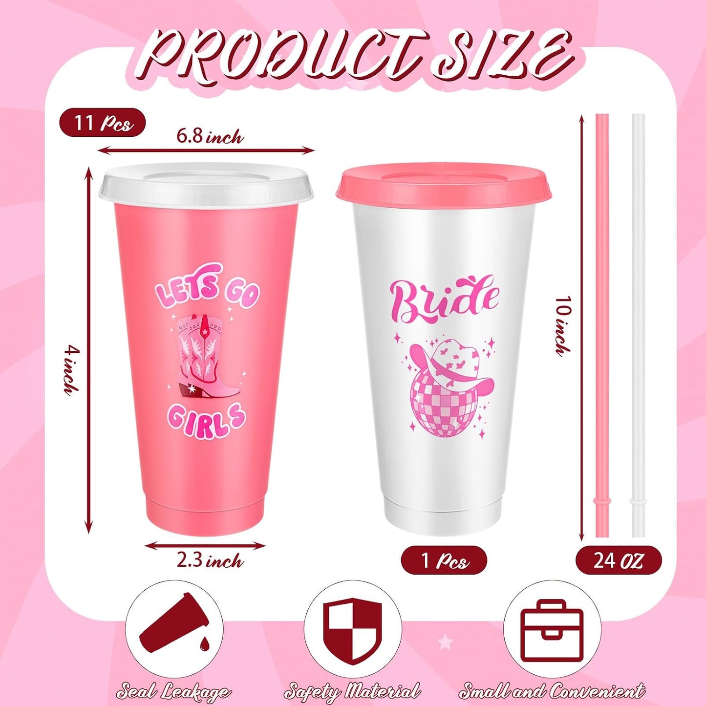 12 Vases Plástico 24oz con Tapas y Popotes