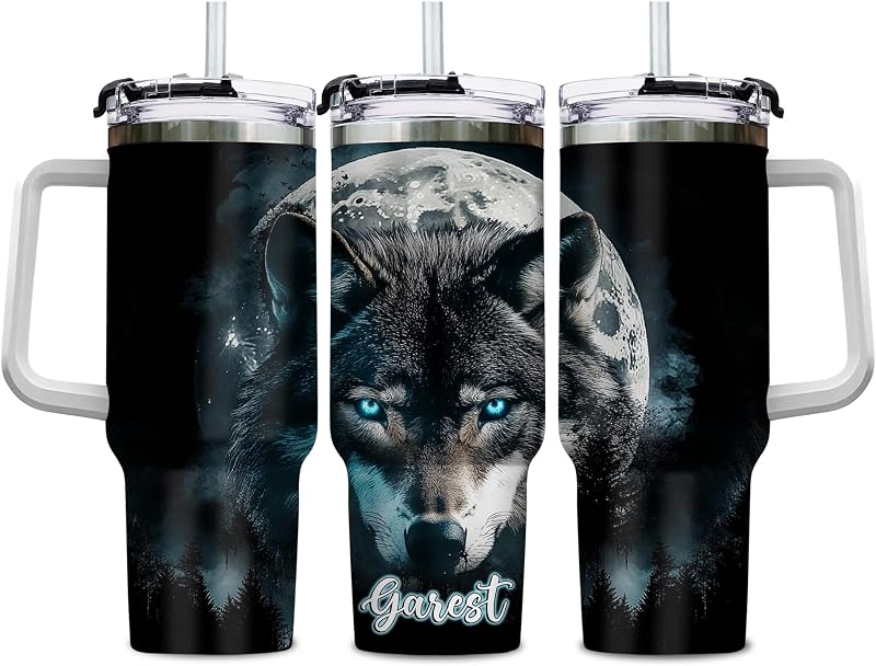 Vaso lobo personalizado 40oz con asa y pajita