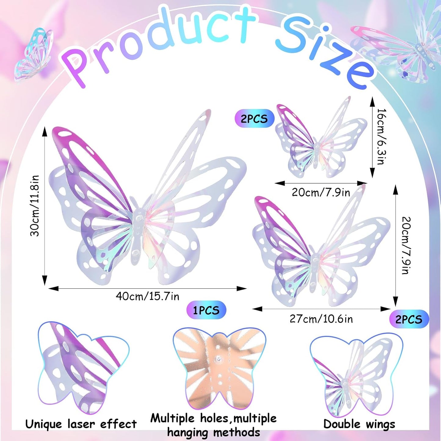 5 Pzas Mariposas 3D Colgantes 15.7x11.8pulg Decoración Fiesta