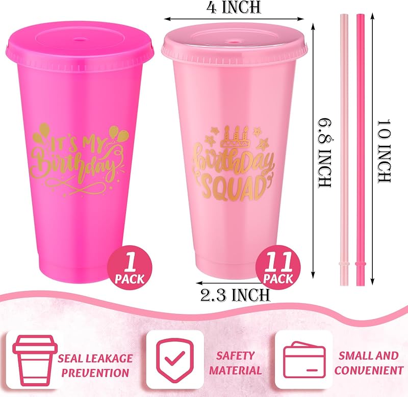 Vasos plástico cumpleaños 24oz con tapa pajita 12pzas Rosa