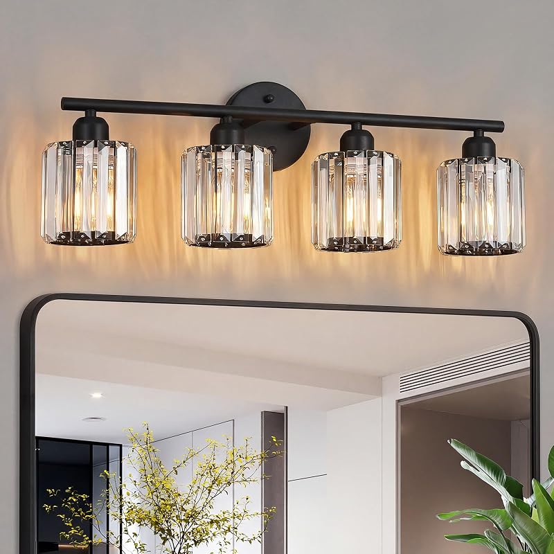 Lámpara tocador cristal 4 luces vertical negro baño