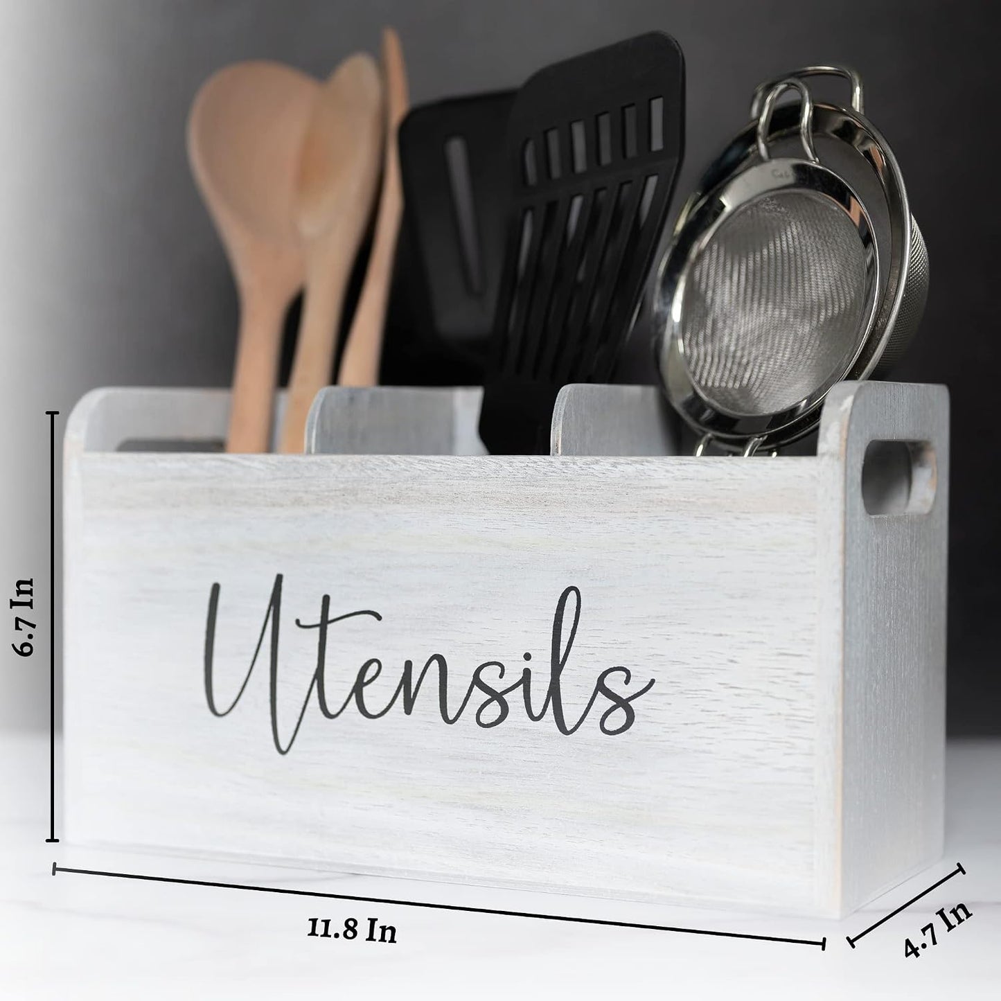 Soporte utensilios cocina madera 3 compartimentos drenaje