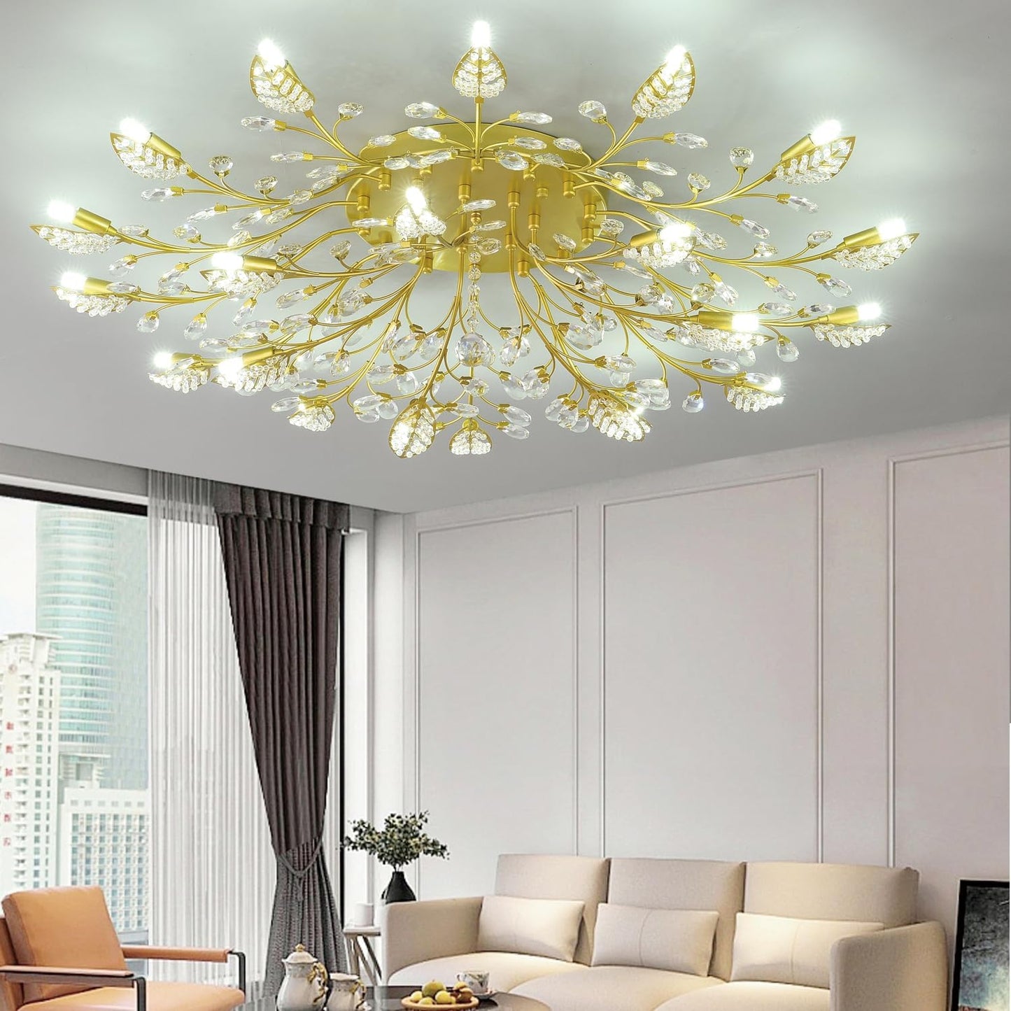 Lámpara techo cristal hojas doradas dormitorio sala
