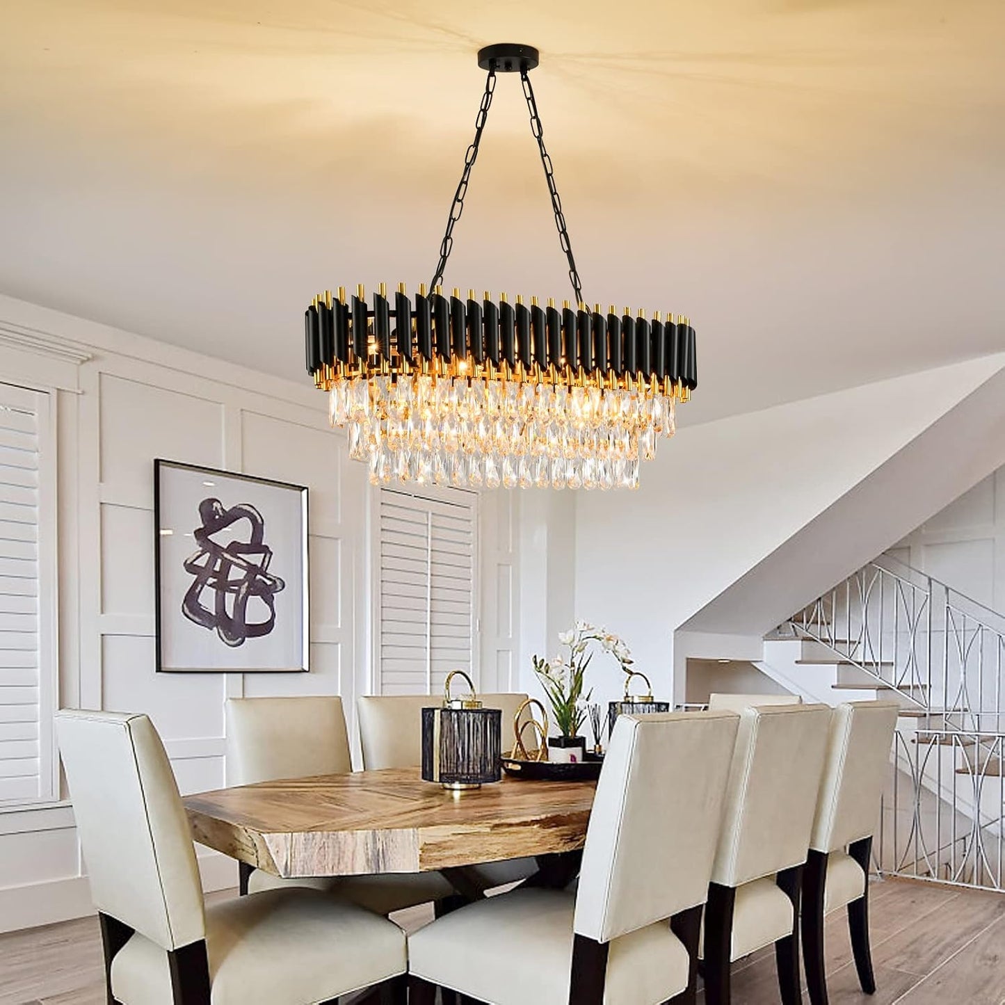 Candelabro moderno de cristal 8 luces negro y dorado 32pulg