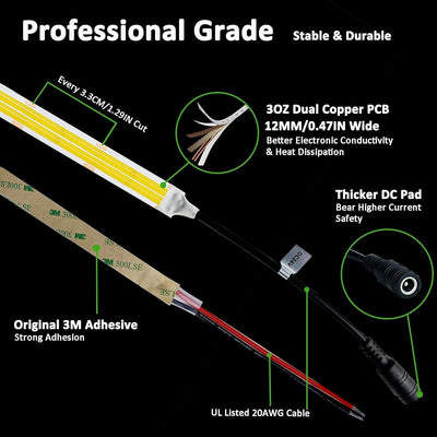 Tira LED cob 24v 3000k blanco cálido 16.4pies 920lm/ft