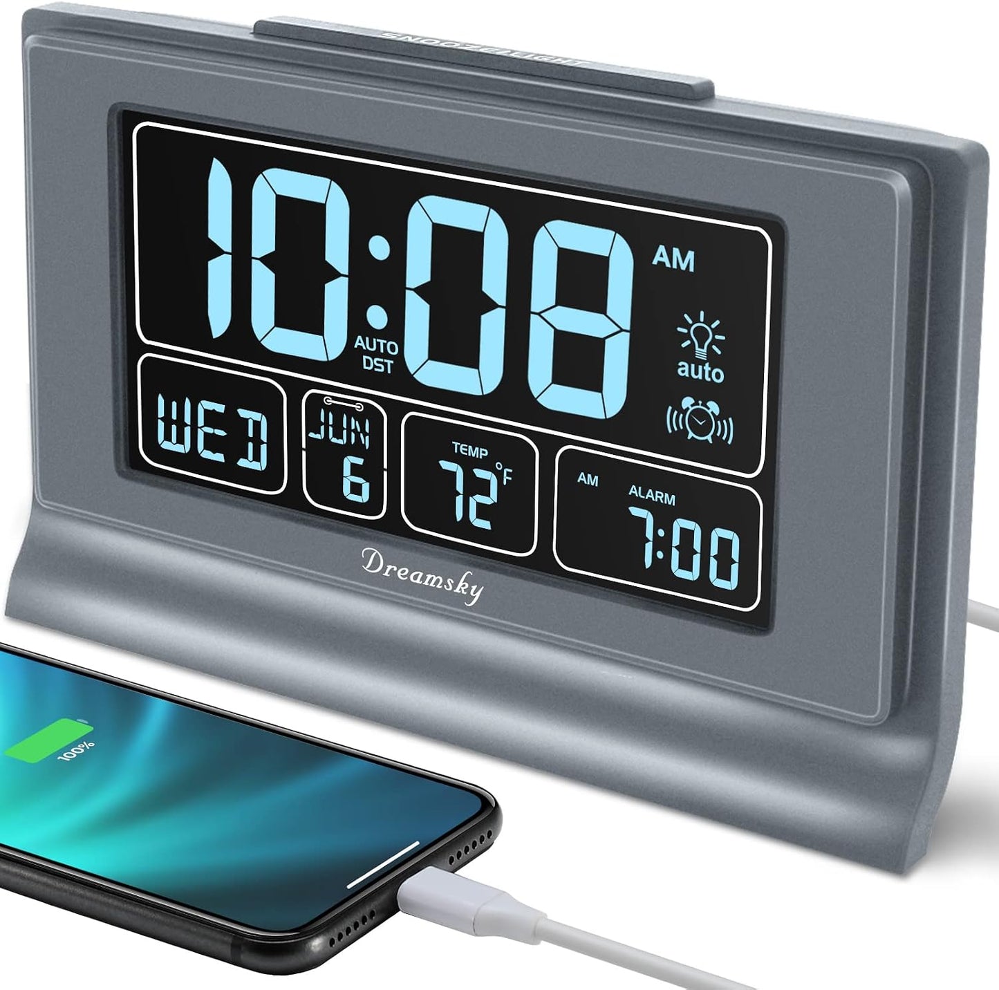 Reloj despertador digital 6.6pulg USB carga pantalla grande