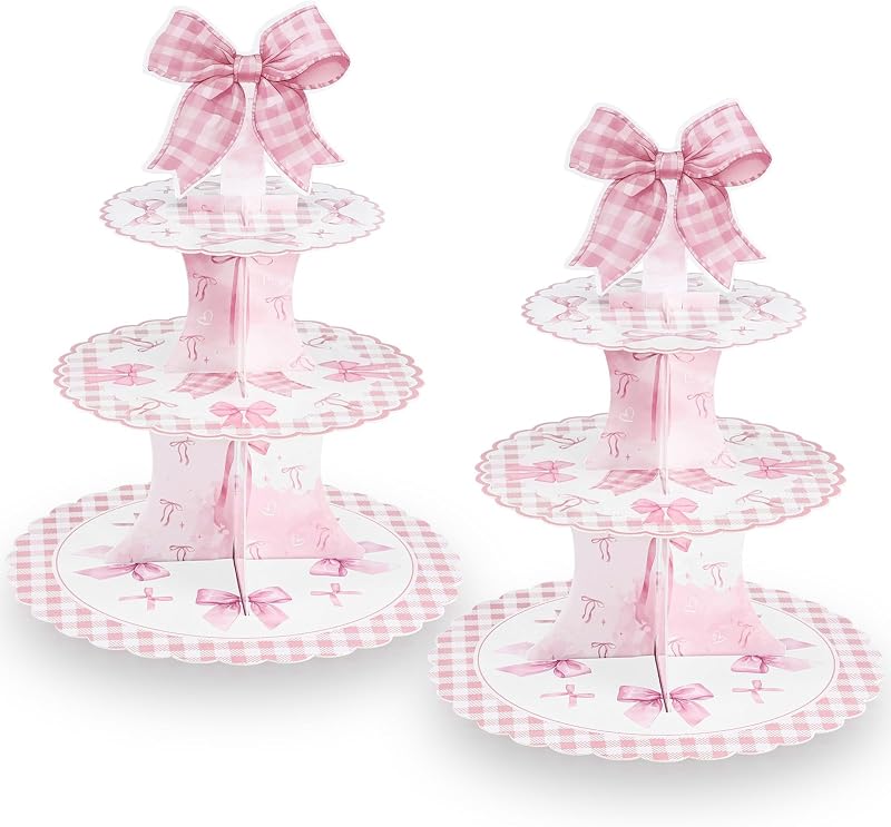 2 Pzas Lazo Rosa Soporte Cupcakes Tema Coquette