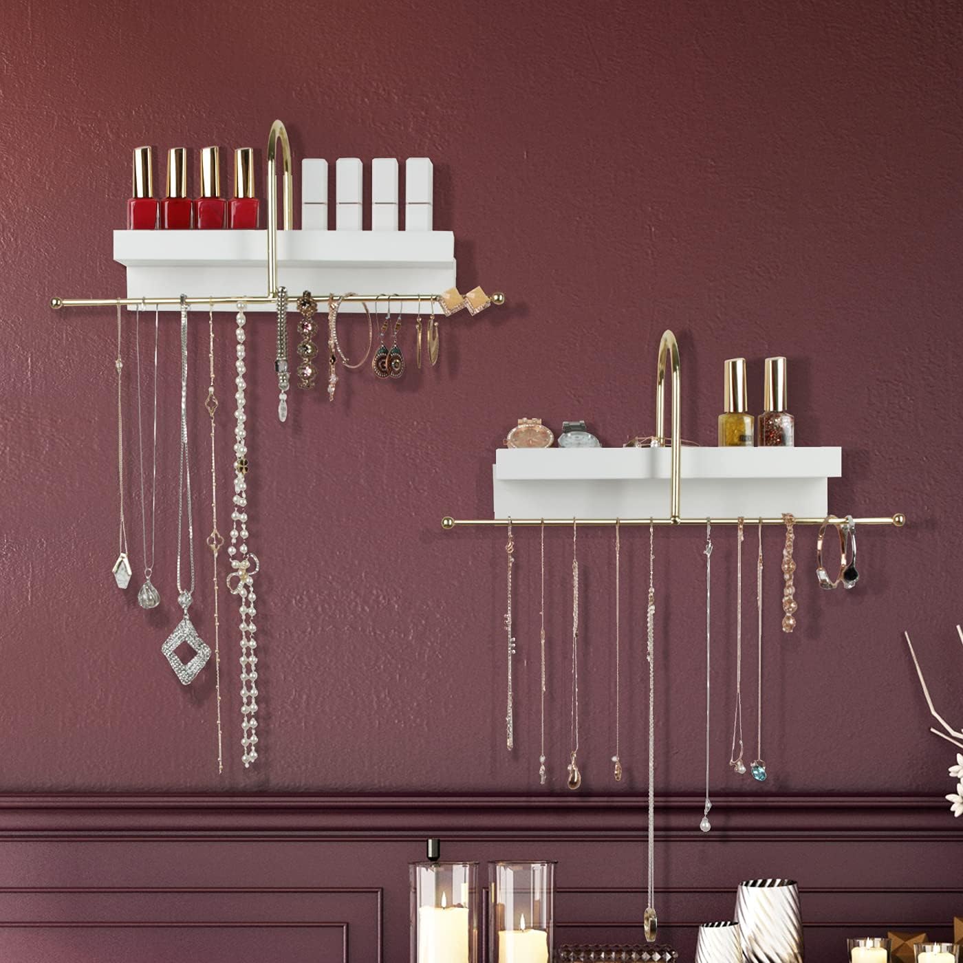 Organiz. joyas colgante pared dorado blanco con estante