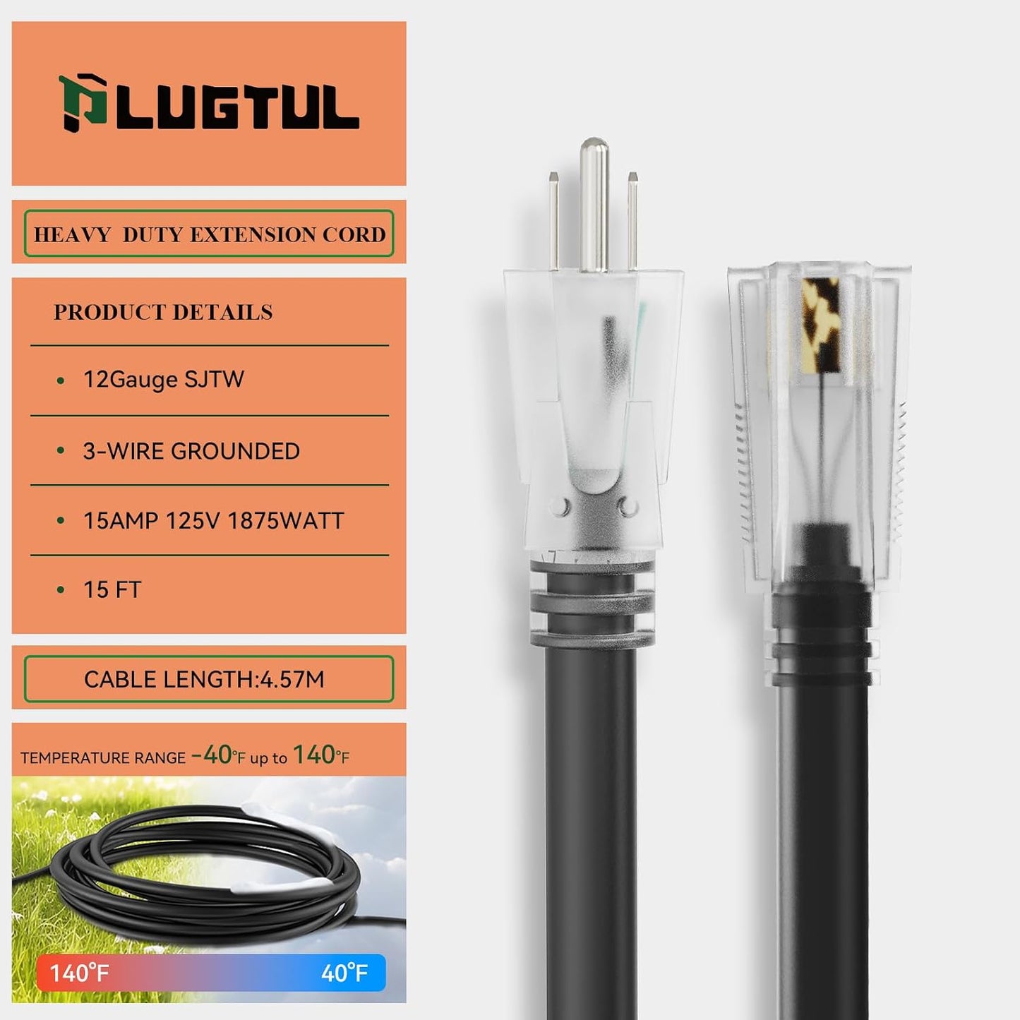 Cable extensión exterior 15pies 15A 1875W ETL negro