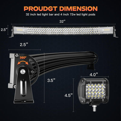 Kit Barras Luz LED Curva 32" 405W 4 Luces Pod 72W Camionetas