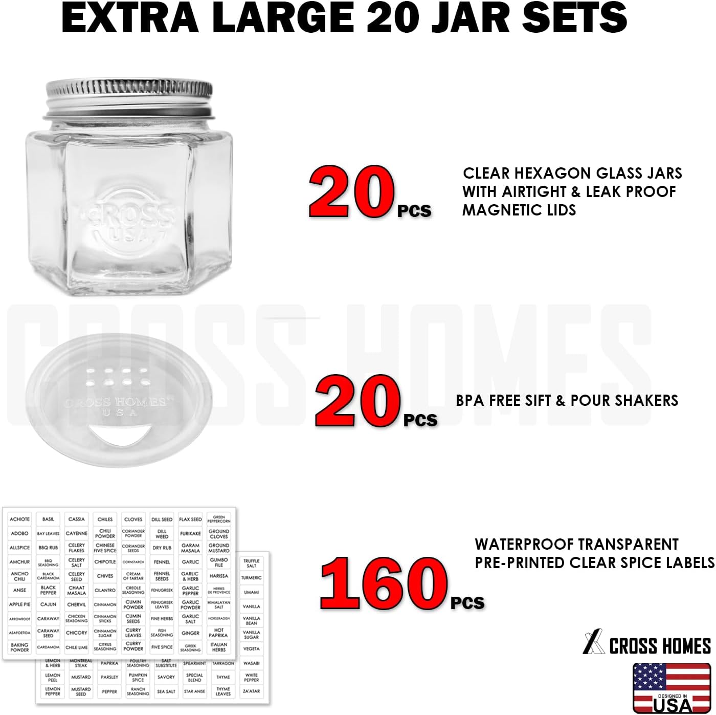 Set 20 tarros vidrio hexagonales 4oz con tapas magnéticas
