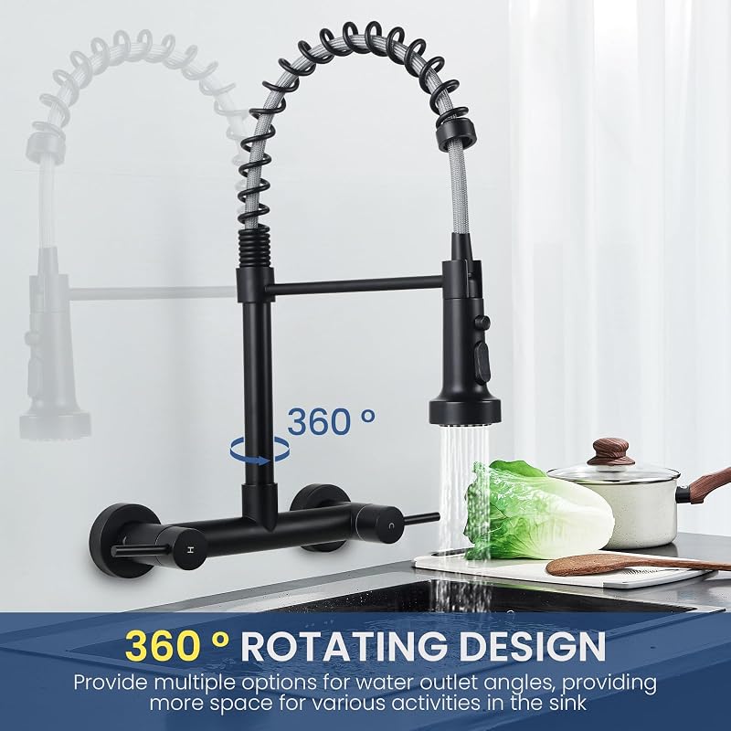 Grifo cocina pared 8" rociador 3 funciones asa doble negro