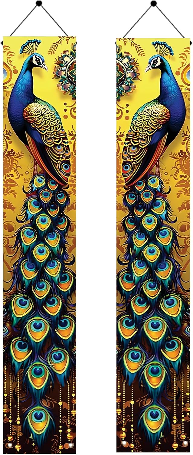 Pancarta pavo real dorado 71x12" decoración puerta entrada
