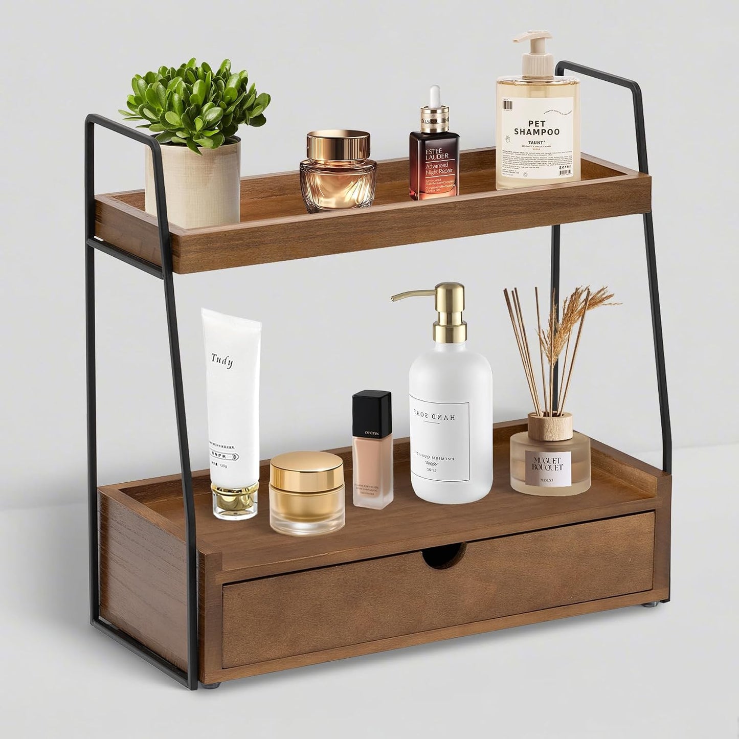 Organiz. baño 2 niveles con cajón madera estante fregadero