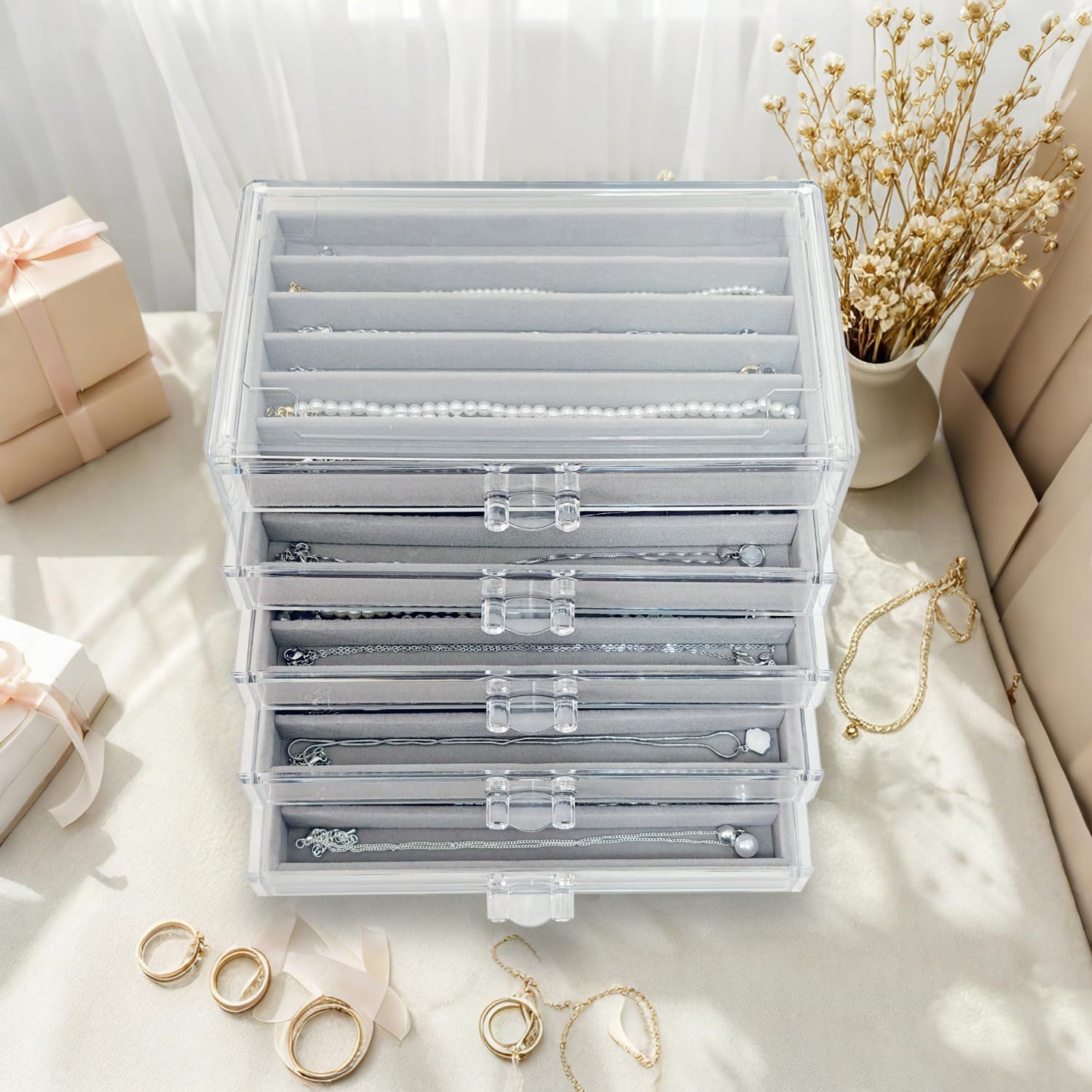 Caja organizadora collares 5 cajones terciopelo gris