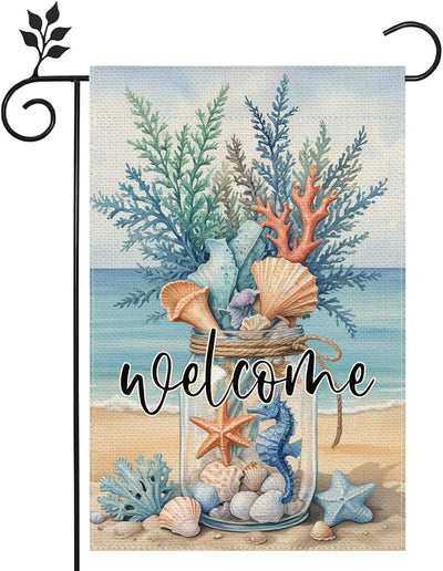 Bandera bienvenida jardín playa 12x18pulg arpillera doble cara