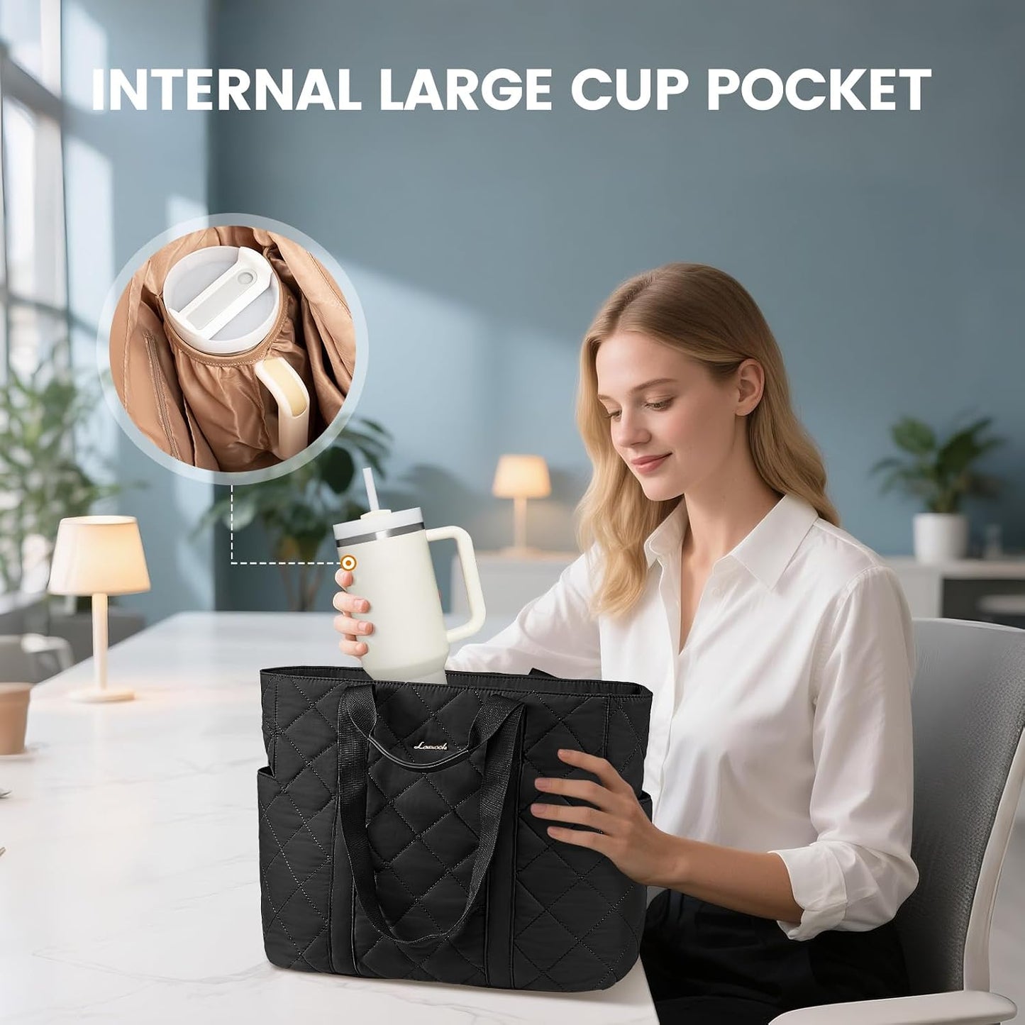 Bolsa tote acolchada ligera con múltiples bolsillos para