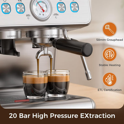 Máquina Espresso 15 Bar Acero Inox con Molinillo y Espumador