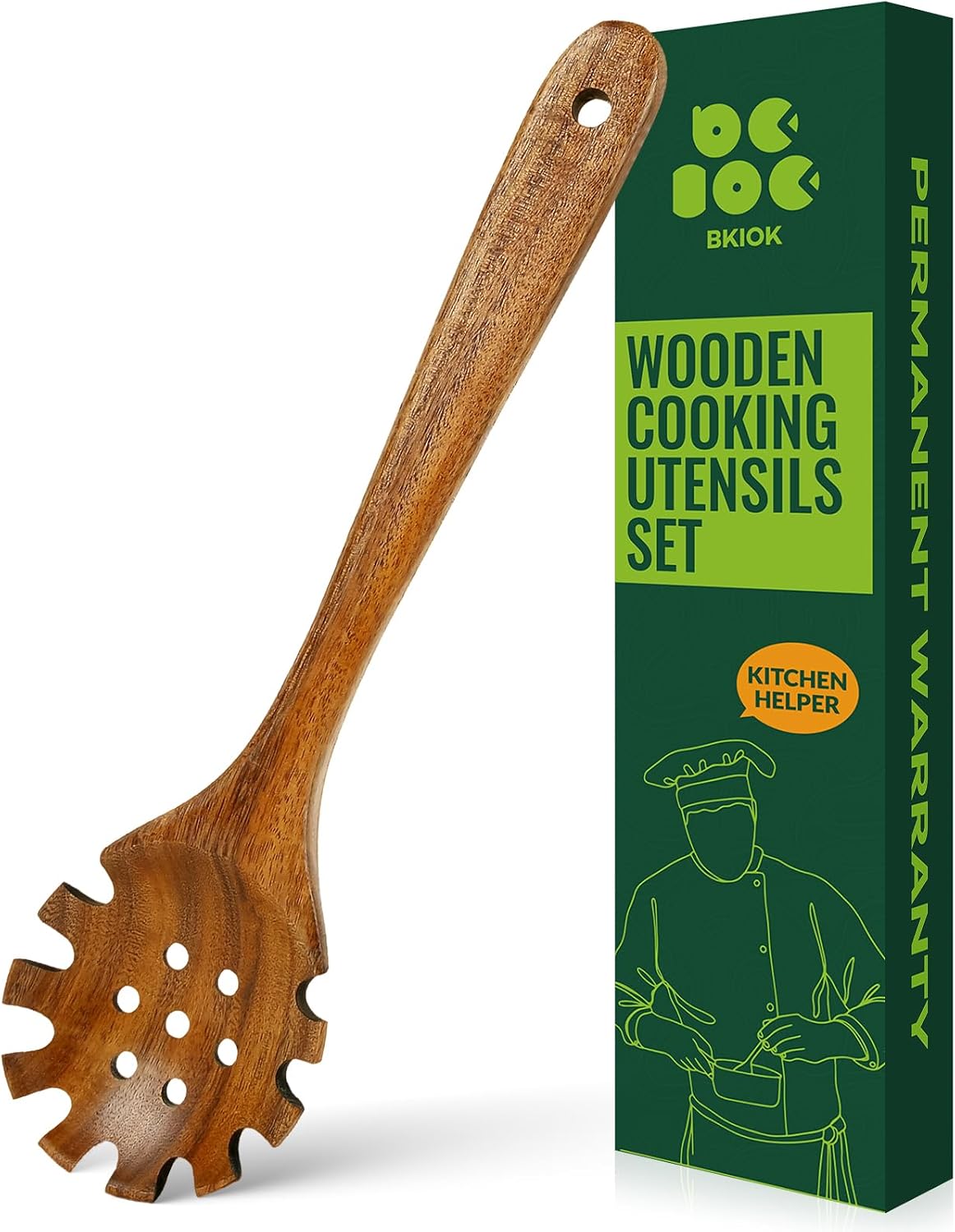 Tenedor pasta madera teca antiadherente cucharas ranuradas