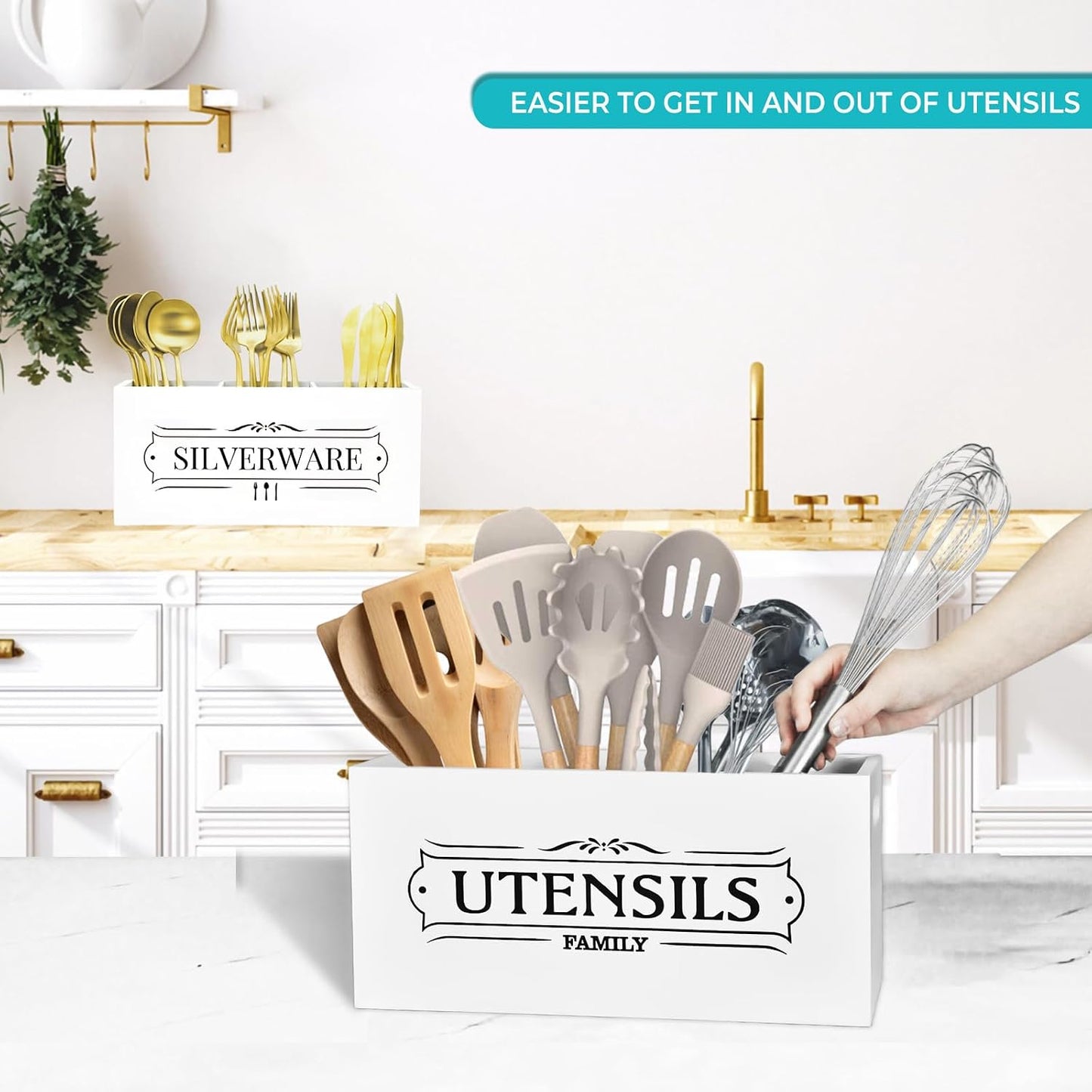 Set soportes utensilios cocina madera grande blanco