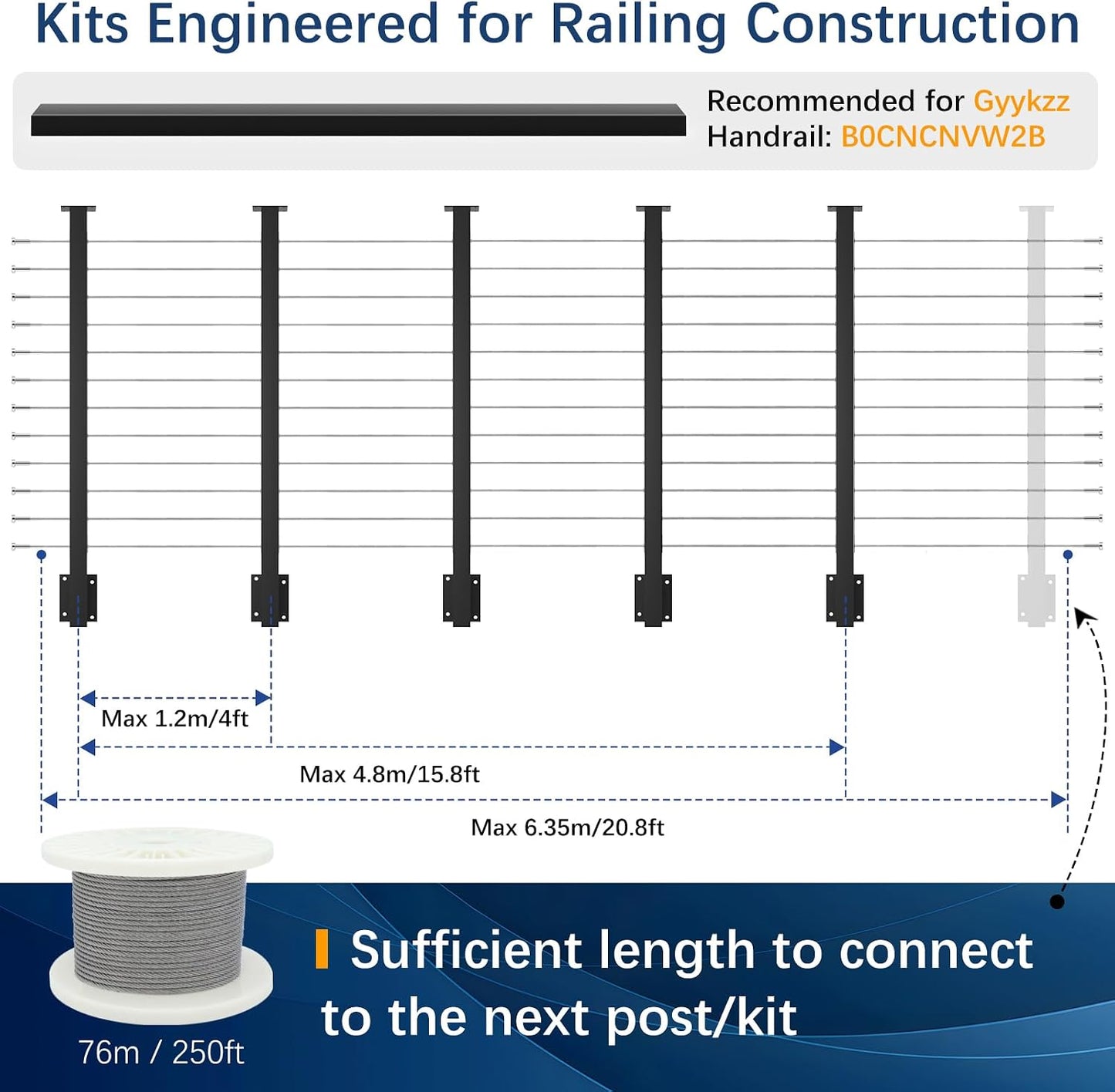 Kit barandilla cable 16-20ft poste 5 niveles acero inox