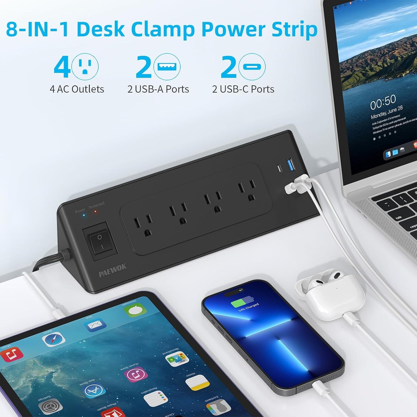 Regleta escritorio 4 tomas USB C y USB con protección