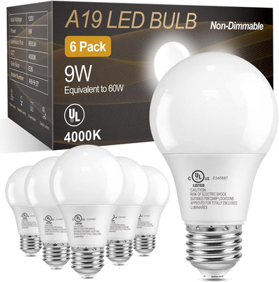 Paquete 6 bombillas LED A19 E26 4000K