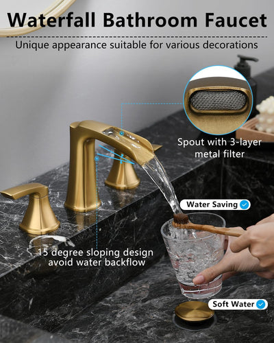 Grifo baño oro cepillado 3 orificios 8pulg cascada pop-up