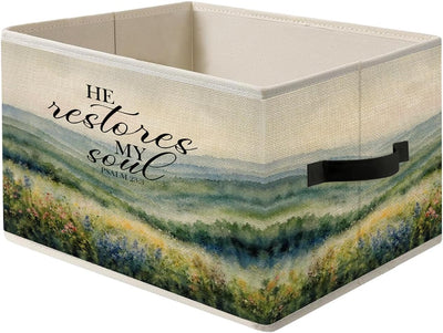 Caja almacenamiento cristiana con asas flores montaña