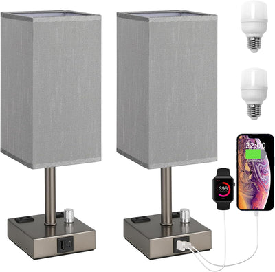 2 Pzas Lámpara Noche Regulable Gris con Puertos USB y CA