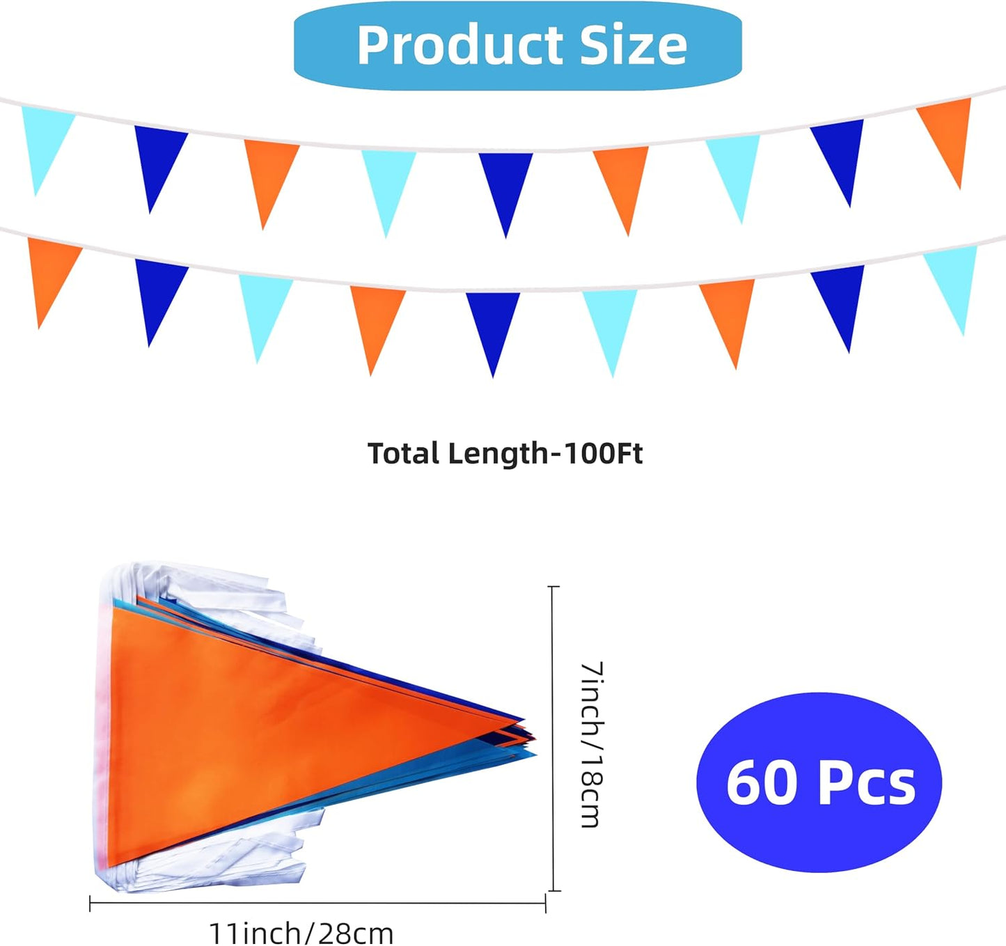 Banderines triángulos 60uds 100ft color azul naranja