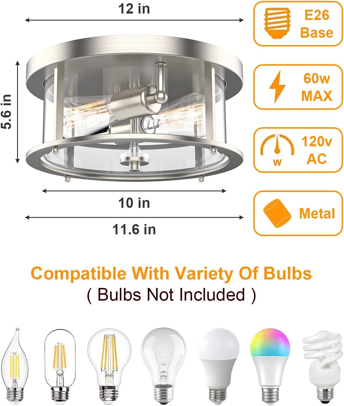 Lámpara techo empotrado 2 luces 12pulg vidrio níquel