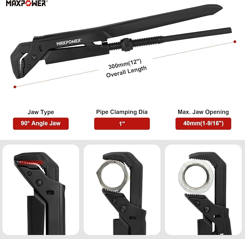 Llave tubo sueca ajustable 12pulg mandíbula 90° 1.5pulg