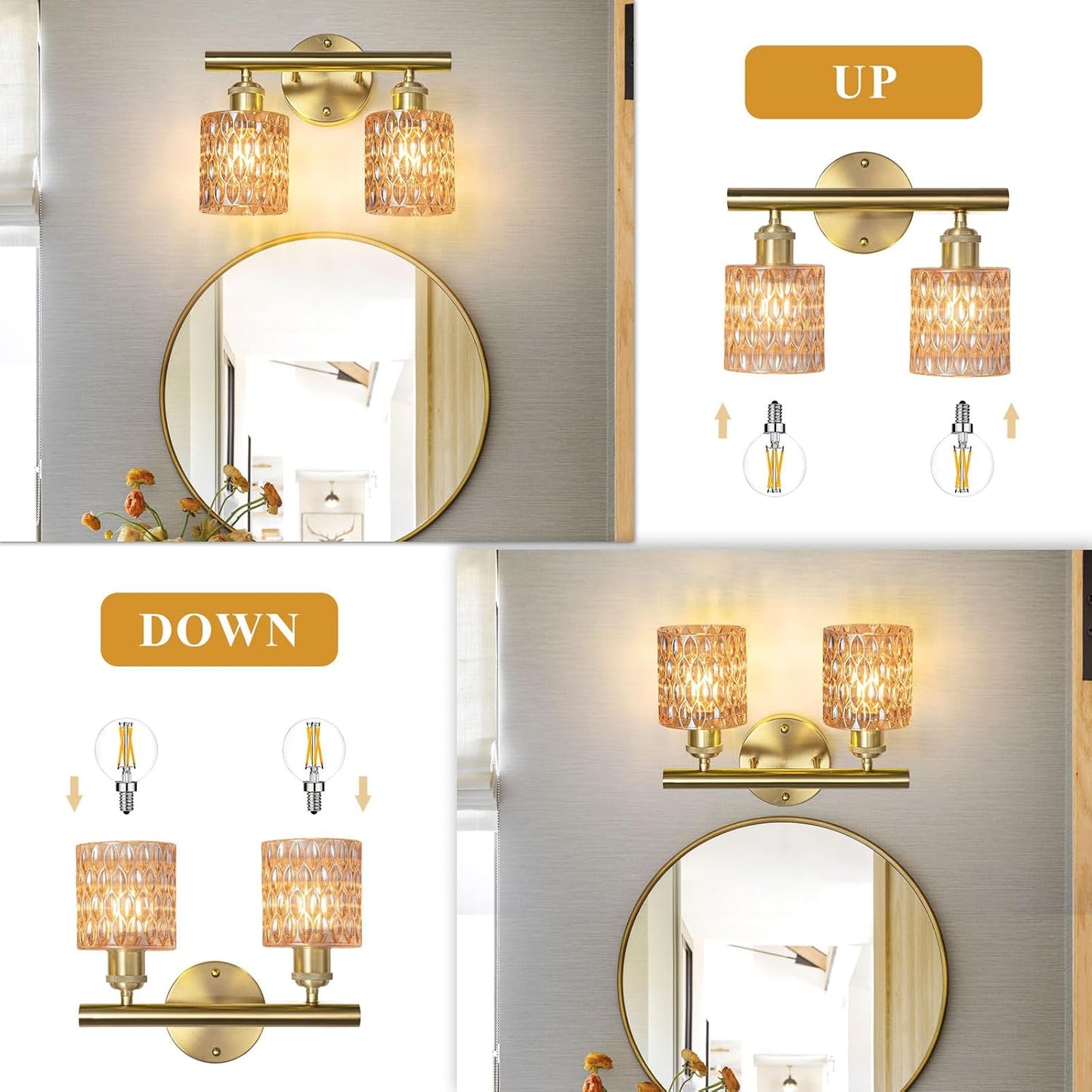 Lámpara tocador baño dorado con pantalla vidrio ámbar