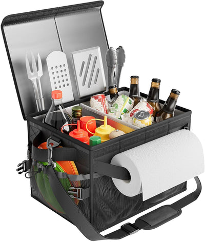 Organizador parrilla negro con tapa y soporte toallas 32L