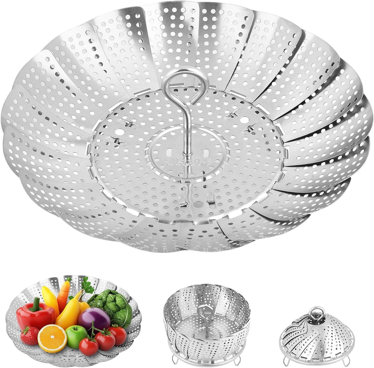 Cesta de vapor de acero inoxidable 304 plegable para pescado, verduras y huevos
