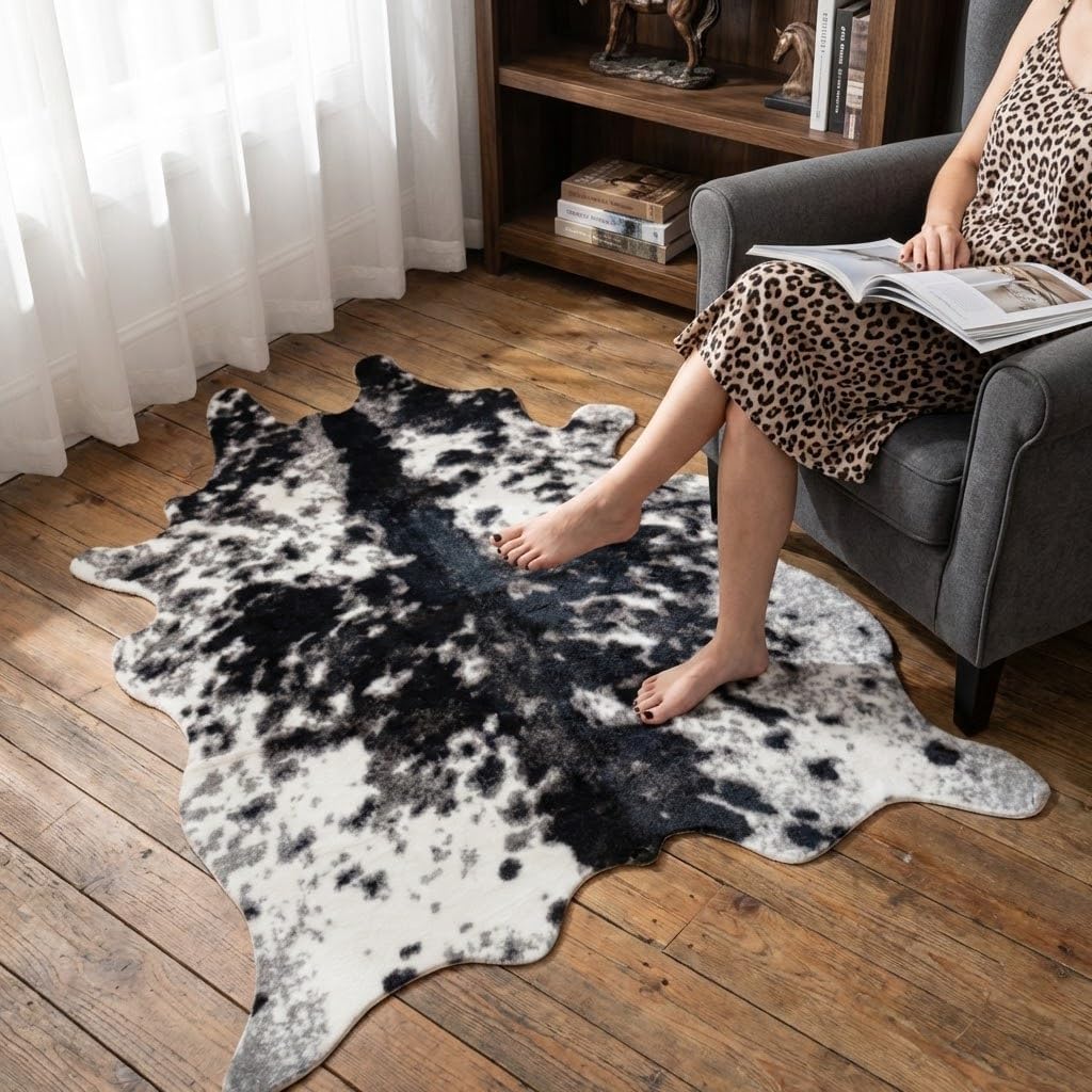 Alfombra piel vaca sintética estampado 2.6x4.1ft negro