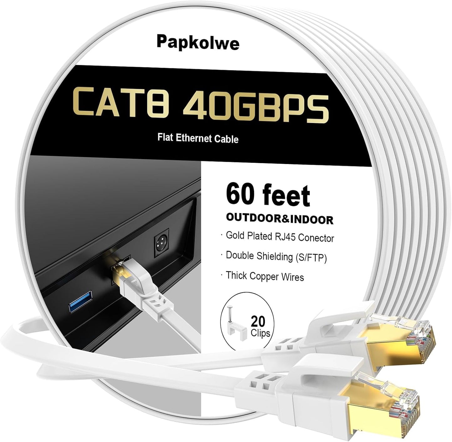 Cable Ethernet Cat8 60ft 40Gbps plano RJ45 resistente UV